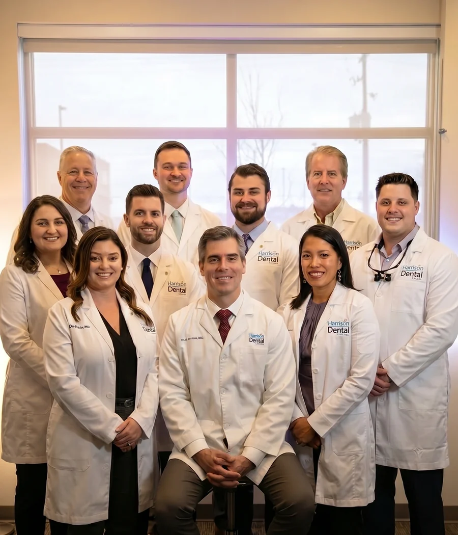 Harrison Dental Group's dentists together in white coats in front of a window.