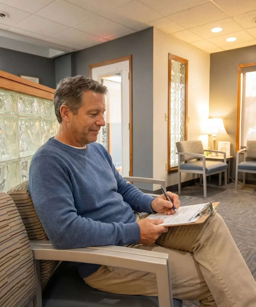 A man filling in paperwork on a clipboard in a waiting room chair.